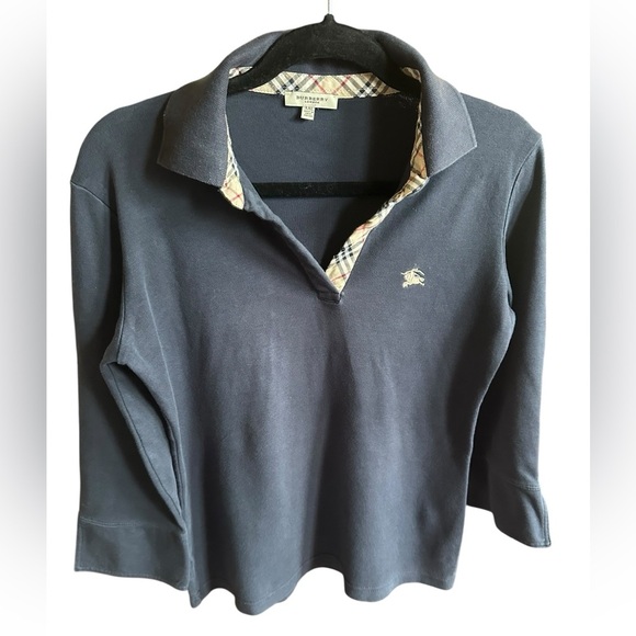 Burberry Navy Long Sleeve Polo Shirt with Plaid Accents size XXL runs Small - Picture 4 of 8
